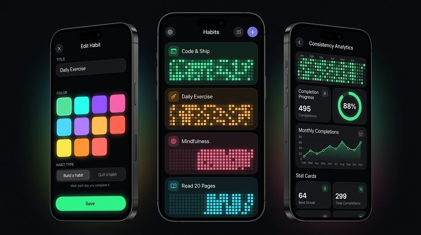PulseGrid app screens: editing a habit's color, the habit list with tile grids, and the Consistency Analytics screen with streak and completion stats